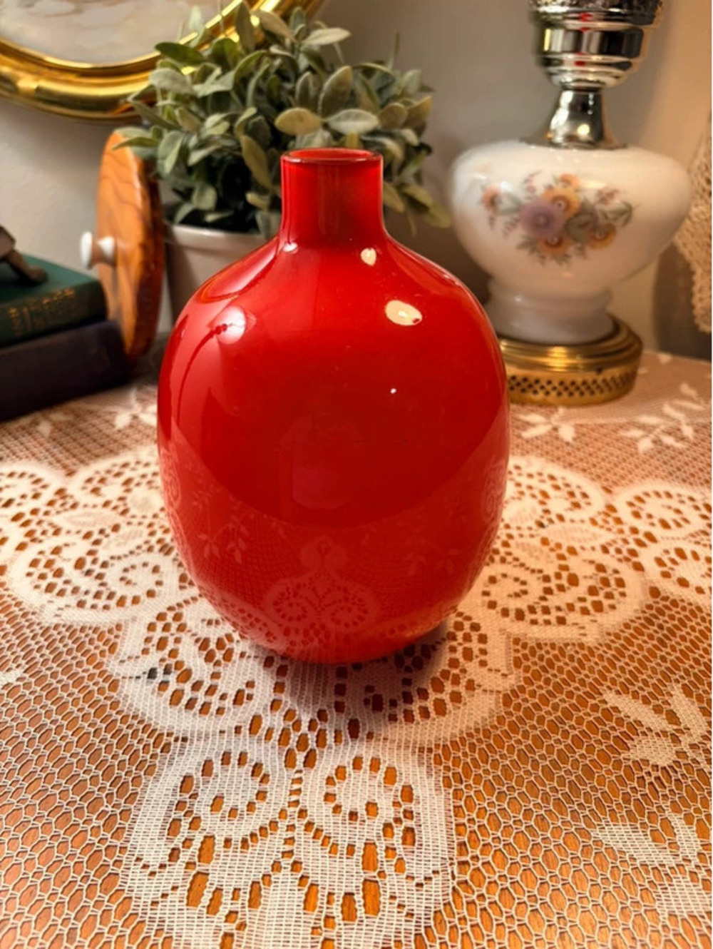 Red Cased Art Glass Bottle Vase White Interior MCM Style 7.75”